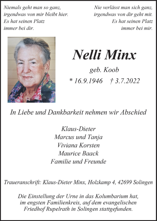 Anzeige von Nelli Minx von  Bergisches Handelsblatt 
