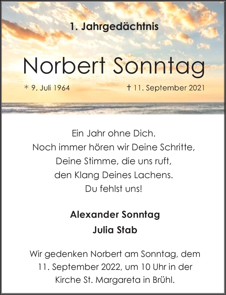  Traueranzeige für Norbert Sonntag vom 26.08.2022 aus  Schlossbote/Werbekurier 