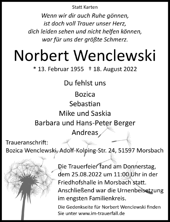 Anzeige von Norbert Wenclewski von  Lokalanzeiger 
