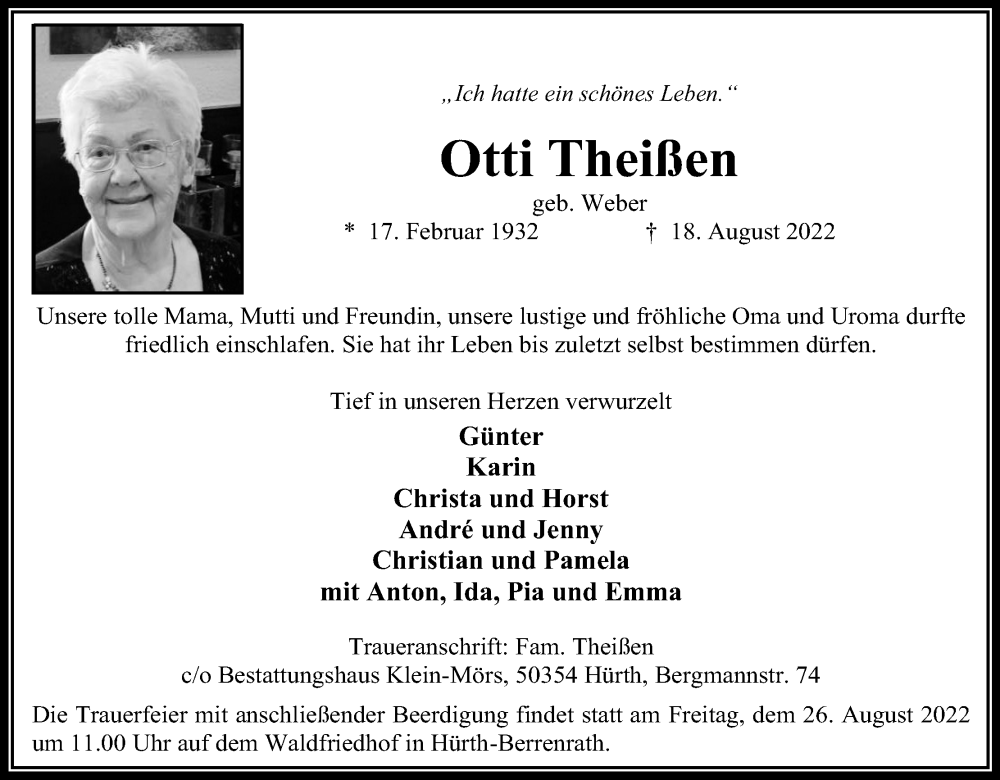  Traueranzeige für Otti Theißen vom 23.08.2022 aus Kölner Stadt-Anzeiger / Kölnische Rundschau / Express