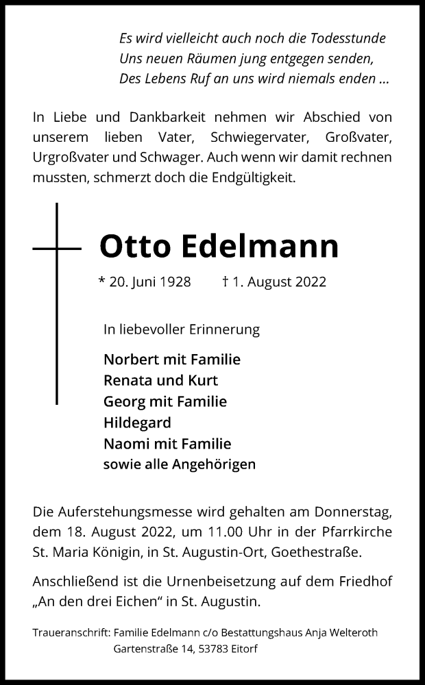  Traueranzeige für Otto Edelmann vom 06.08.2022 aus Kölner Stadt-Anzeiger / Kölnische Rundschau / Express