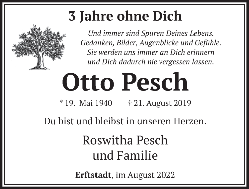  Traueranzeige für Otto Pesch vom 26.08.2022 aus  Werbepost 