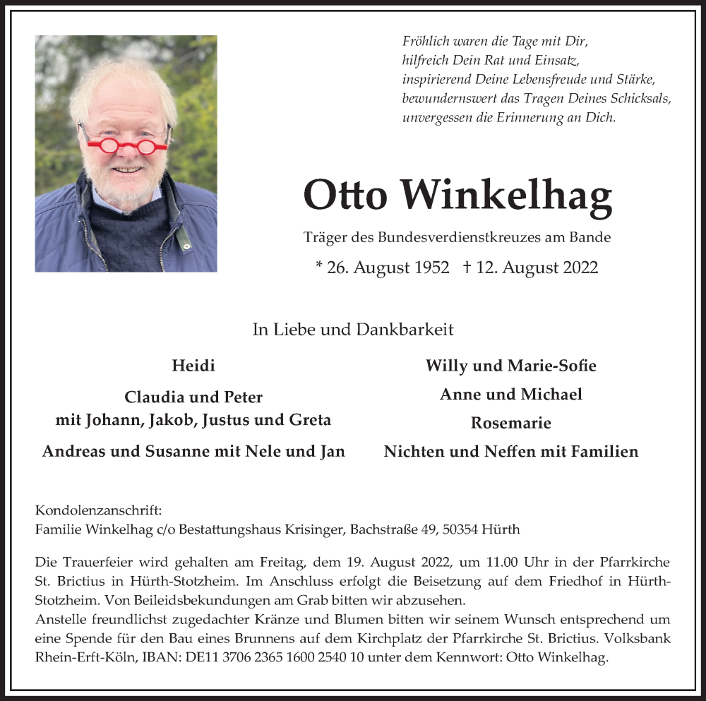  Traueranzeige für Otto Winkelhag vom 17.08.2022 aus Kölner Stadt-Anzeiger / Kölnische Rundschau / Express