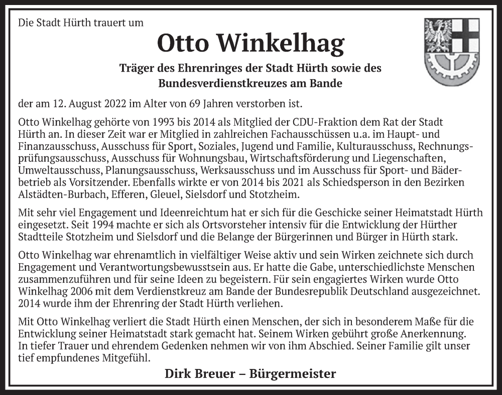  Traueranzeige für Otto Winkelhag vom 19.08.2022 aus  Wochenende 