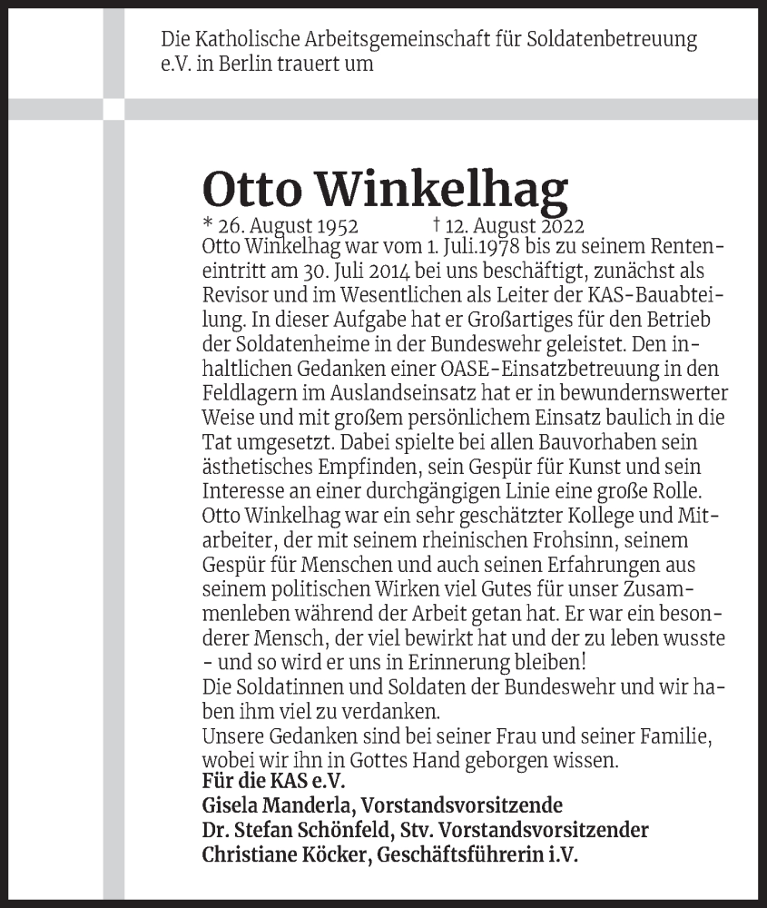  Traueranzeige für Otto Winkelhag vom 20.08.2022 aus Kölner Stadt-Anzeiger / Kölnische Rundschau / Express