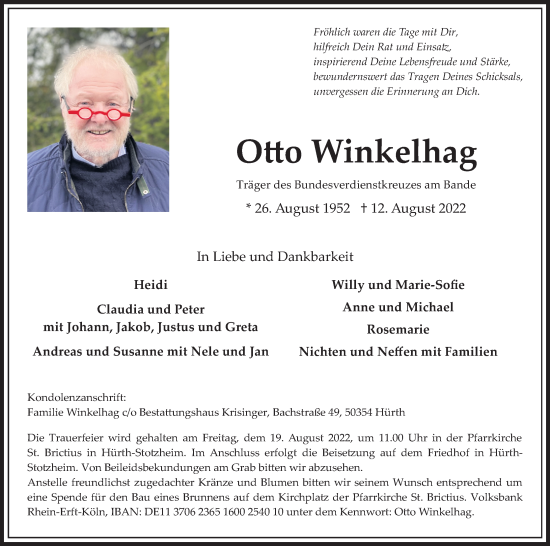 Anzeige von Otto Winkelhag von Kölner Stadt-Anzeiger / Kölnische Rundschau / Express