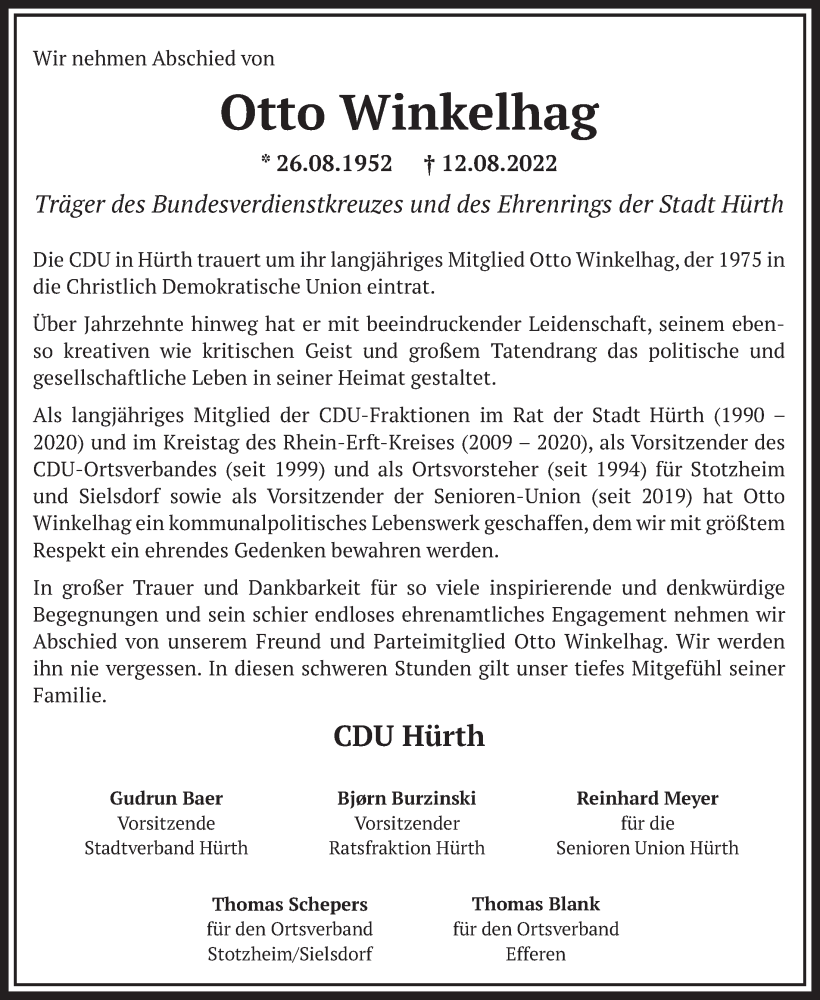  Traueranzeige für Otto Winkelhag vom 19.08.2022 aus  Wochenende 