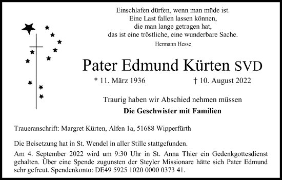 Anzeige von Pater Edmund Kürten von Kölner Stadt-Anzeiger / Kölnische Rundschau / Express