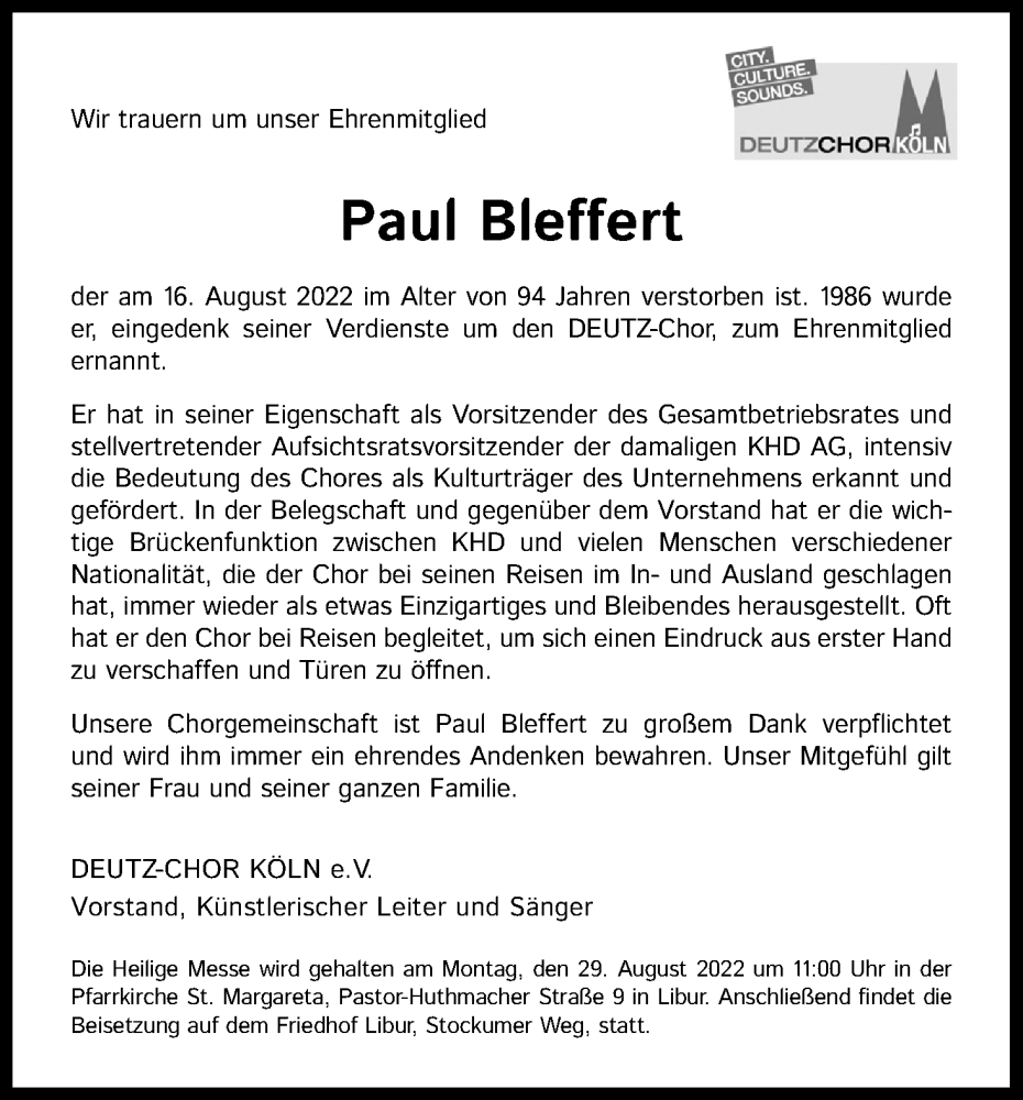  Traueranzeige für Paul Bleffert vom 27.08.2022 aus Kölner Stadt-Anzeiger / Kölnische Rundschau / Express