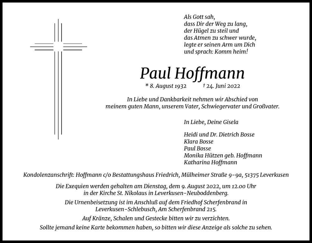  Traueranzeige für Paul Hoffmann vom 03.08.2022 aus Kölner Stadt-Anzeiger / Kölnische Rundschau / Express