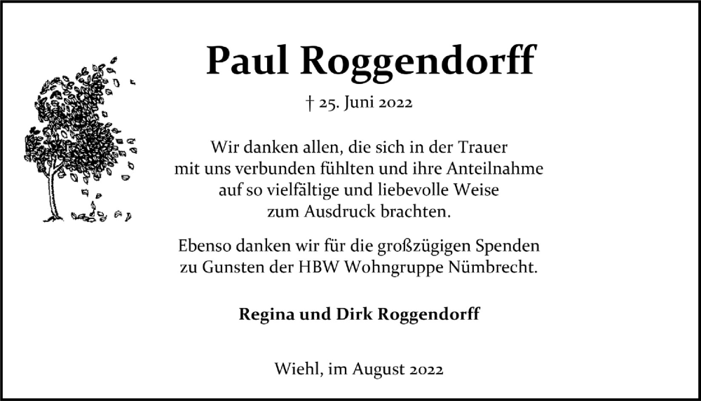 Traueranzeige für Paul Roggendorff vom 19.08.2022 aus  Anzeigen Echo 