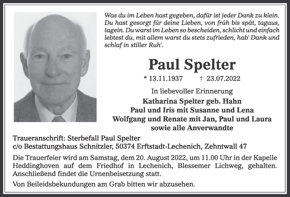  Traueranzeige für Paul Spelter vom 05.08.2022 aus  Werbepost 