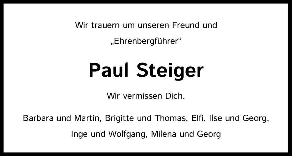  Traueranzeige für Paul Steiger vom 20.08.2022 aus Kölner Stadt-Anzeiger / Kölnische Rundschau / Express