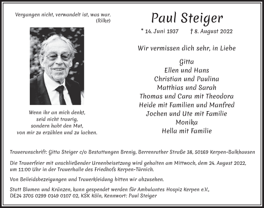  Traueranzeige für Paul Steiger vom 19.08.2022 aus  Werbepost 