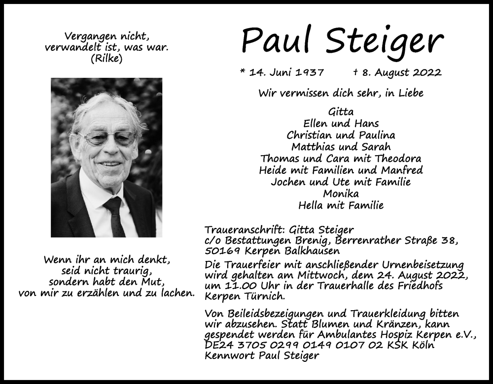  Traueranzeige für Paul Steiger vom 20.08.2022 aus Kölner Stadt-Anzeiger / Kölnische Rundschau / Express