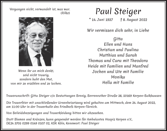 Anzeige von Paul Steiger von  Werbepost 