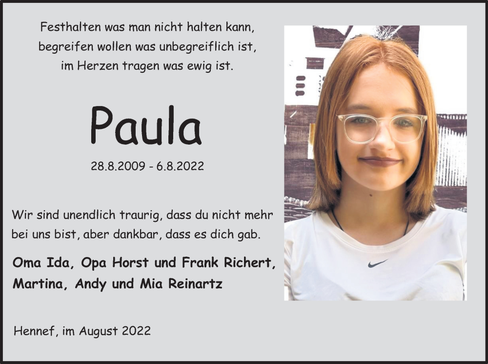  Traueranzeige für Paula  vom 20.08.2022 aus Kölner Stadt-Anzeiger / Kölnische Rundschau / Express