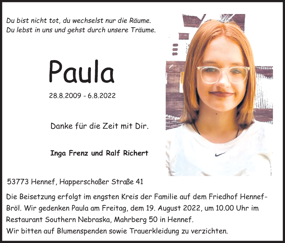  Traueranzeige für Paula  vom 13.08.2022 aus Kölner Stadt-Anzeiger / Kölnische Rundschau / Express