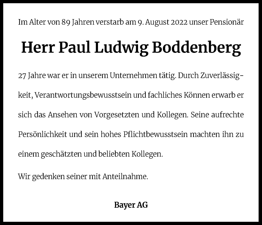  Traueranzeige für Paul Ludwig Boddenberg vom 20.08.2022 aus Kölner Stadt-Anzeiger / Kölnische Rundschau / Express