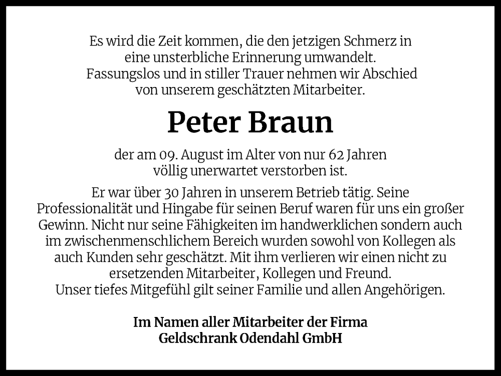  Traueranzeige für Peter Braun vom 13.08.2022 aus Kölner Stadt-Anzeiger / Kölnische Rundschau / Express