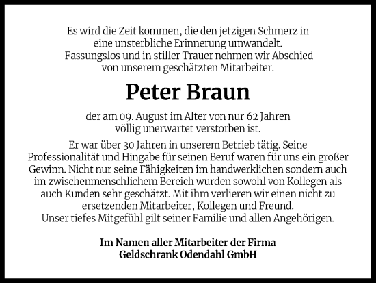 Anzeige von Peter Braun von Kölner Stadt-Anzeiger / Kölnische Rundschau / Express