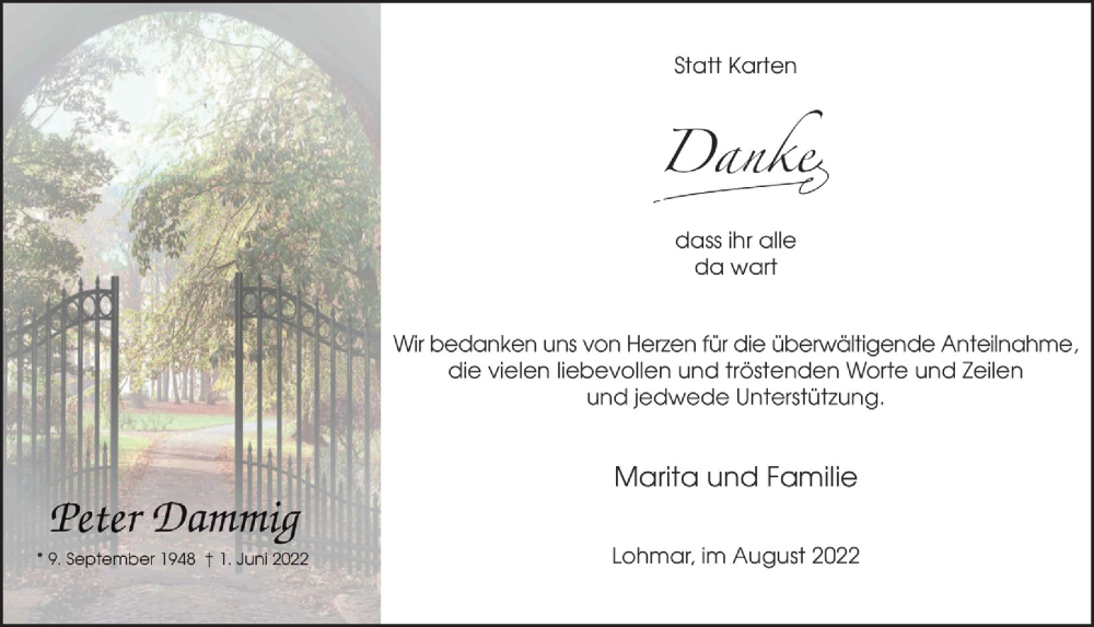  Traueranzeige für Peter Dammig vom 05.08.2022 aus  Extra Blatt 