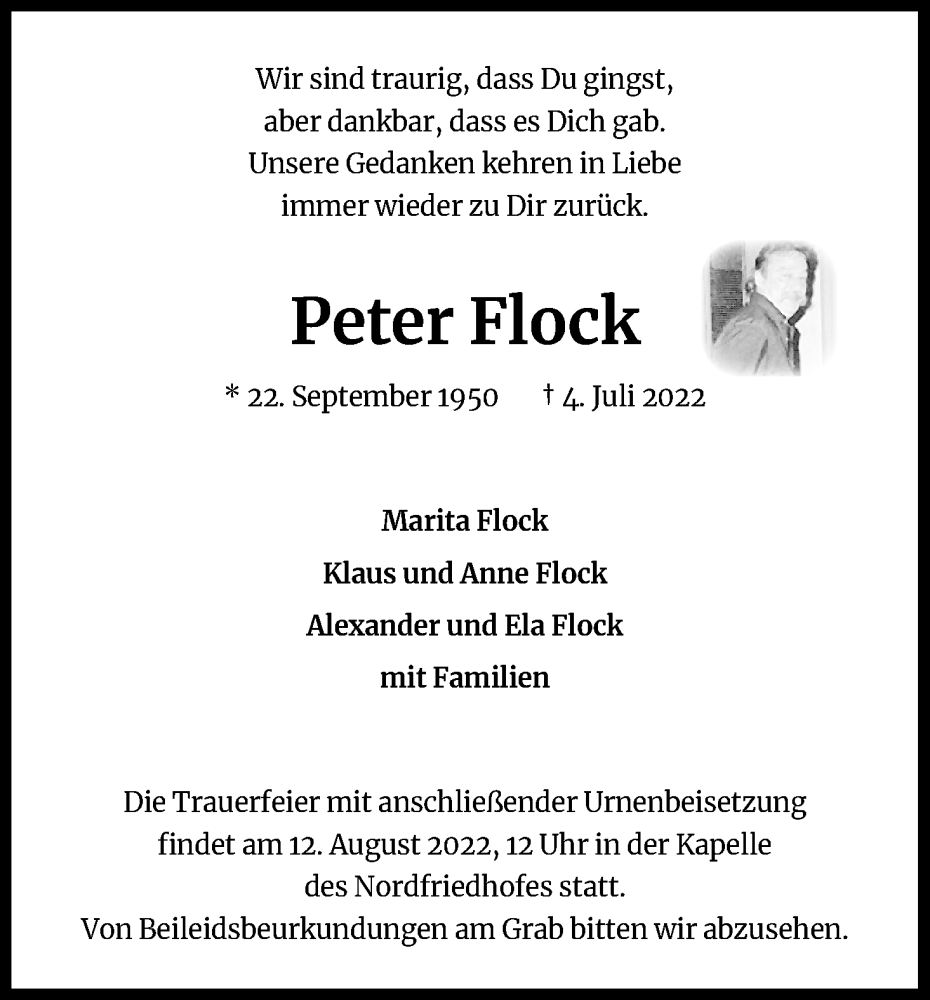  Traueranzeige für Peter Flock vom 03.08.2022 aus Kölner Stadt-Anzeiger / Kölnische Rundschau / Express