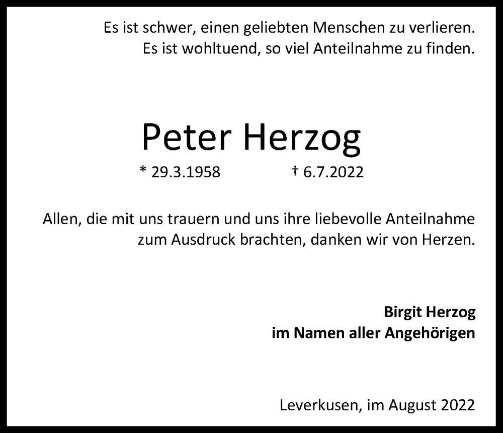  Traueranzeige für Peter Herzog vom 13.08.2022 aus Kölner Stadt-Anzeiger / Kölnische Rundschau / Express
