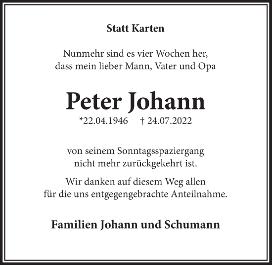 Anzeige von Peter Johann von  Schaufenster/Blickpunkt 