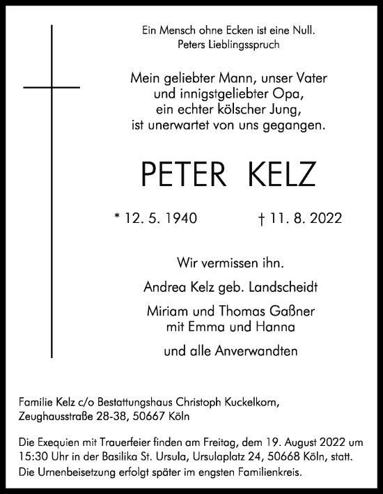 Anzeige von Peter Kelz von Kölner Stadt-Anzeiger / Kölnische Rundschau / Express
