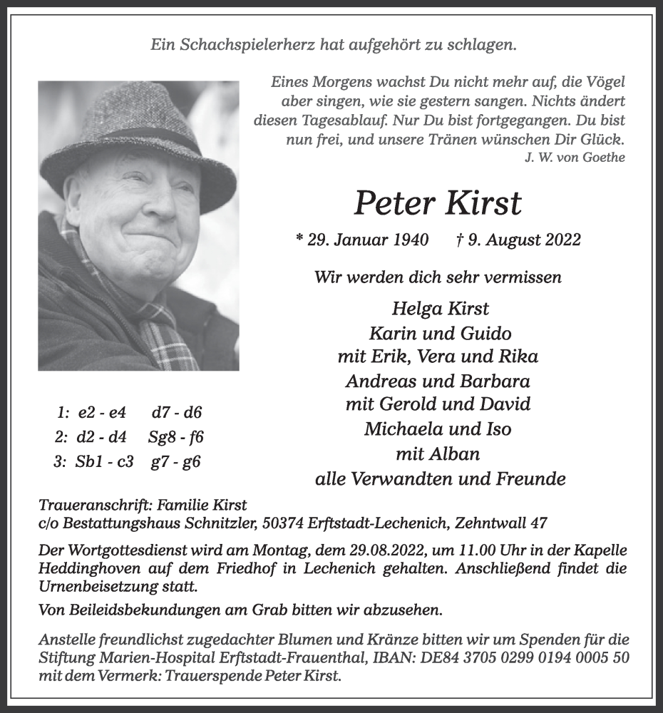  Traueranzeige für Peter Kirst vom 19.08.2022 aus  Werbepost 