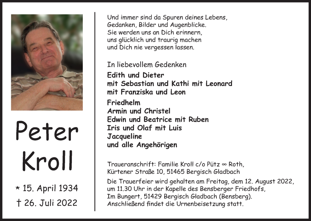  Traueranzeige für Peter Kroll vom 06.08.2022 aus Kölner Stadt-Anzeiger / Kölnische Rundschau / Express