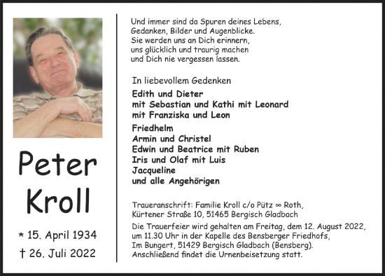 Anzeige von Peter Kroll von  Bergisches Handelsblatt 