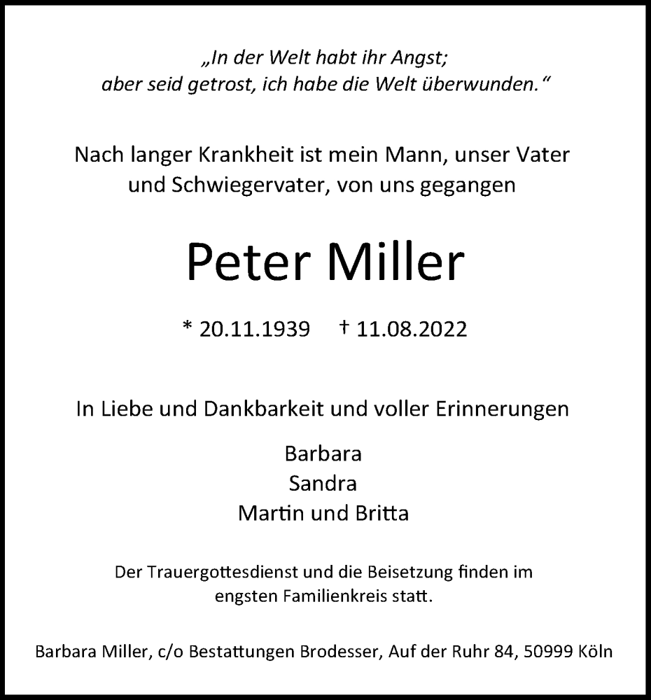  Traueranzeige für Peter Miller vom 27.08.2022 aus Kölner Stadt-Anzeiger / Kölnische Rundschau / Express