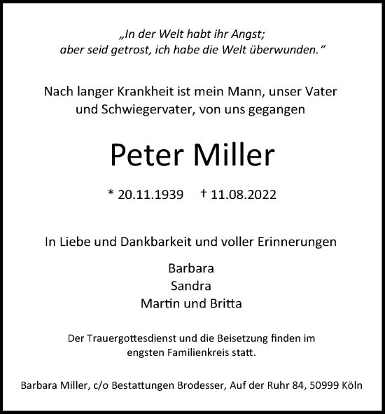Anzeige von Peter Miller von Kölner Stadt-Anzeiger / Kölnische Rundschau / Express