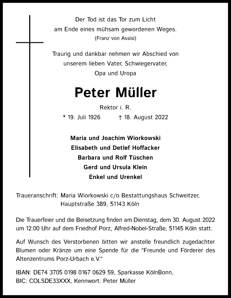  Traueranzeige für Peter Müller vom 27.08.2022 aus Kölner Stadt-Anzeiger / Kölnische Rundschau / Express