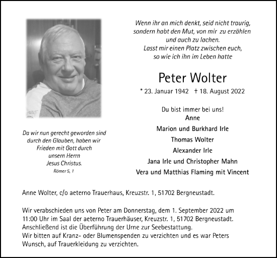 Anzeige von Peter Wolter von  Anzeigen Echo 