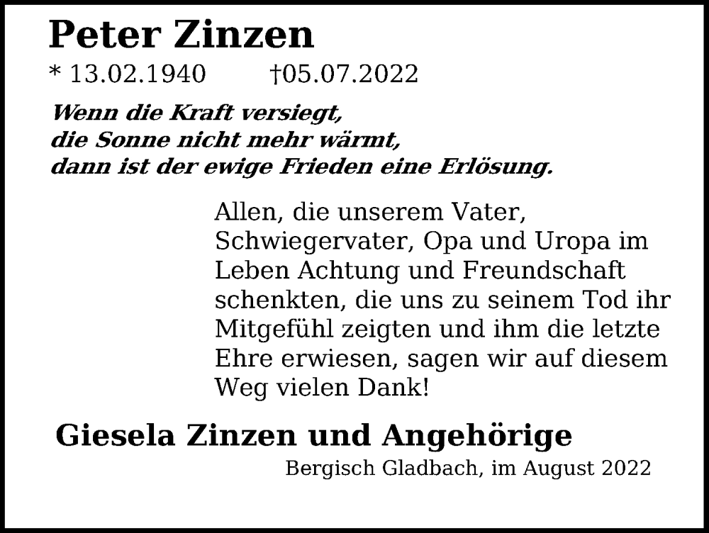  Traueranzeige für Peter Zinzen vom 12.08.2022 aus Kölner Stadt-Anzeiger / Kölnische Rundschau / Express