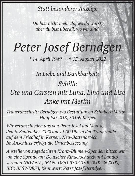 Anzeige von Peter Josef Berndgen von  Wochenende  Werbepost 