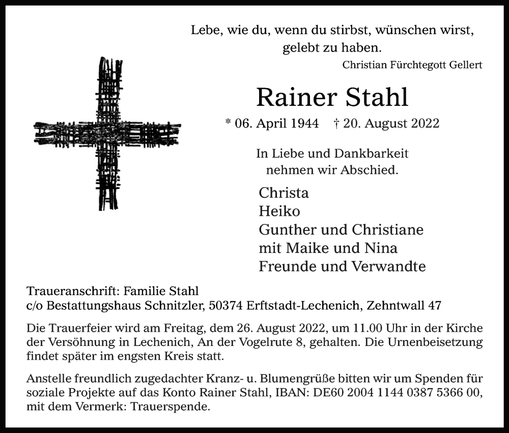  Traueranzeige für Rainer Stahl vom 24.08.2022 aus Kölner Stadt-Anzeiger / Kölnische Rundschau / Express