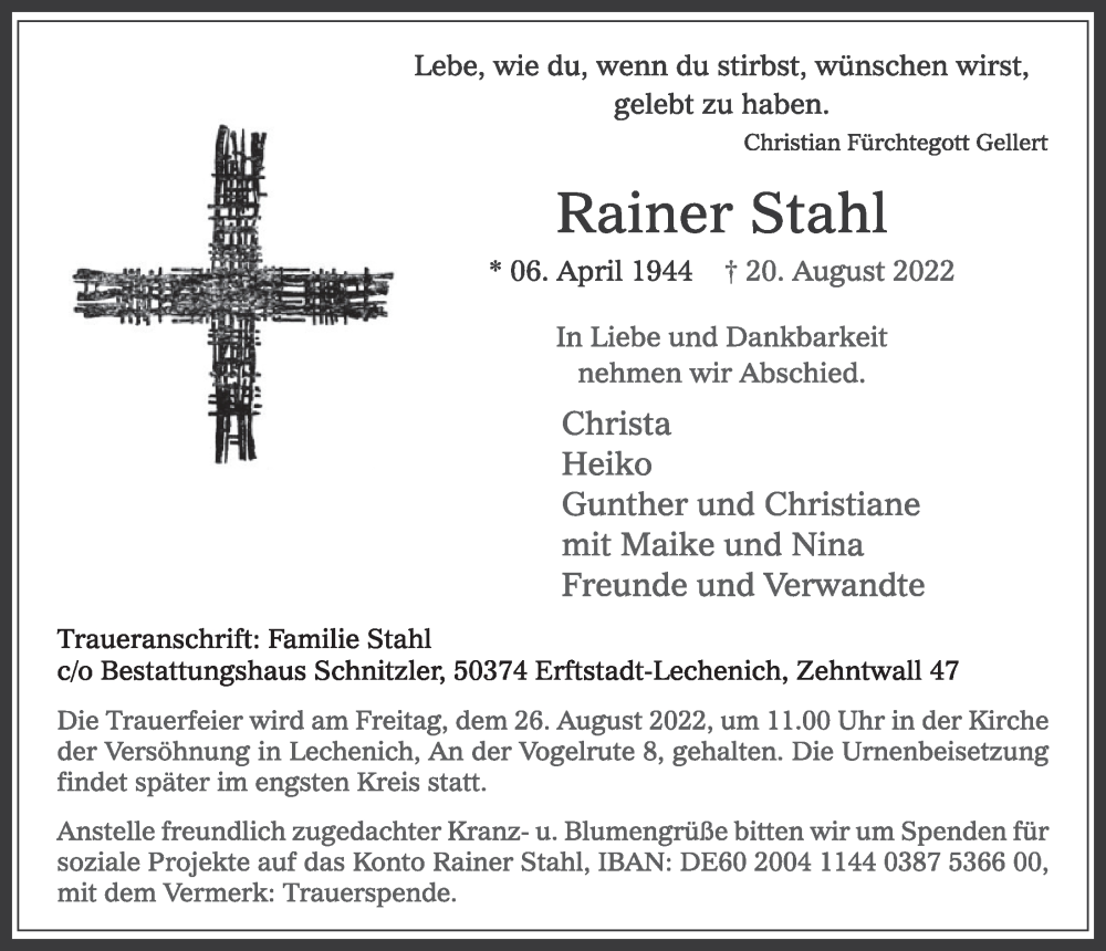  Traueranzeige für Rainer Stahl vom 26.08.2022 aus  Werbepost 