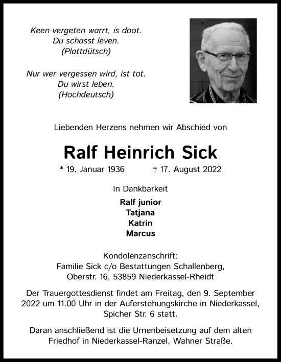 Anzeige von Ralf Heinrich Sick von Kölner Stadt-Anzeiger / Kölnische Rundschau / Express