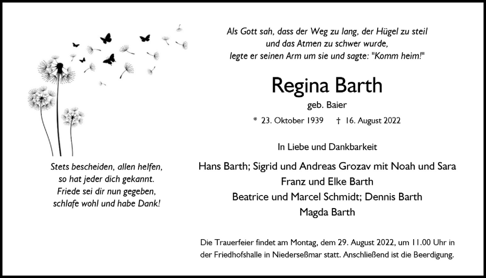  Traueranzeige für Regina Barth vom 26.08.2022 aus  Anzeigen Echo 