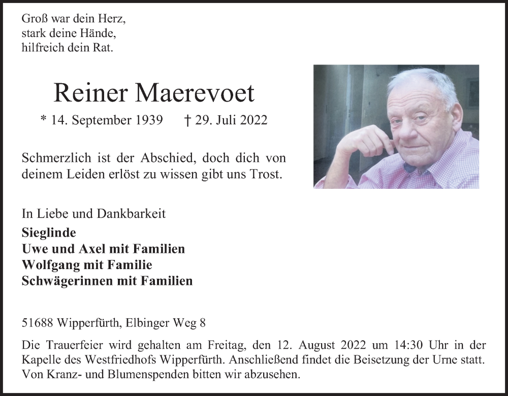  Traueranzeige für Reiner Maerevoet vom 06.08.2022 aus Kölner Stadt-Anzeiger / Kölnische Rundschau / Express
