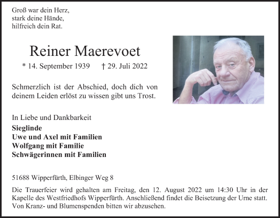 Anzeige von Reiner Maerevoet von Kölner Stadt-Anzeiger / Kölnische Rundschau / Express
