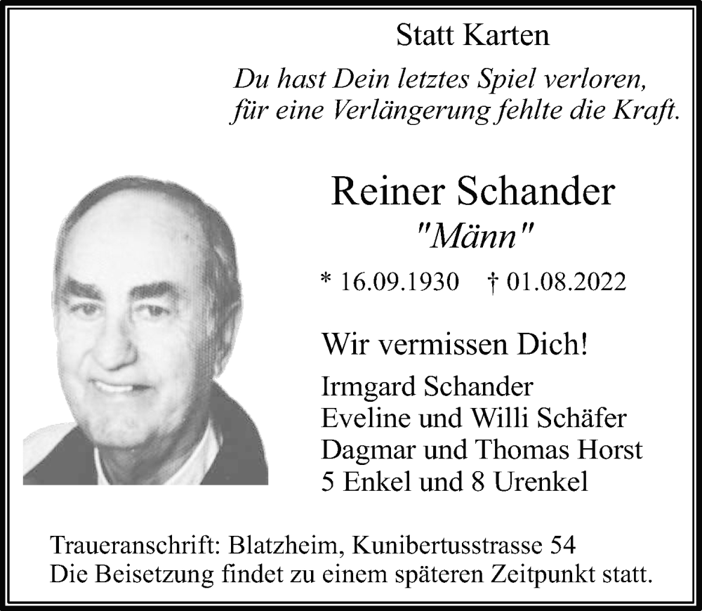  Traueranzeige für Reiner Schander vom 06.08.2022 aus Kölner Stadt-Anzeiger / Kölnische Rundschau / Express
