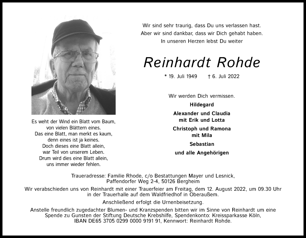  Traueranzeige für Reinhardt Rohde vom 06.08.2022 aus Kölner Stadt-Anzeiger / Kölnische Rundschau / Express