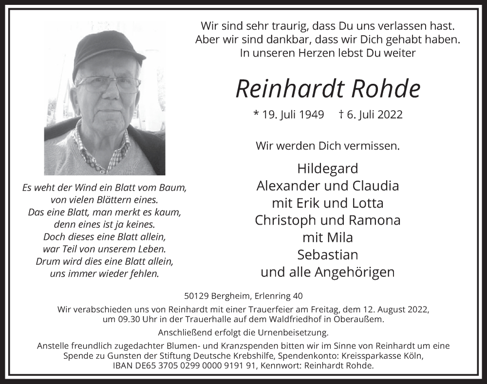  Traueranzeige für Reinhardt Rohde vom 05.08.2022 aus  Werbepost 