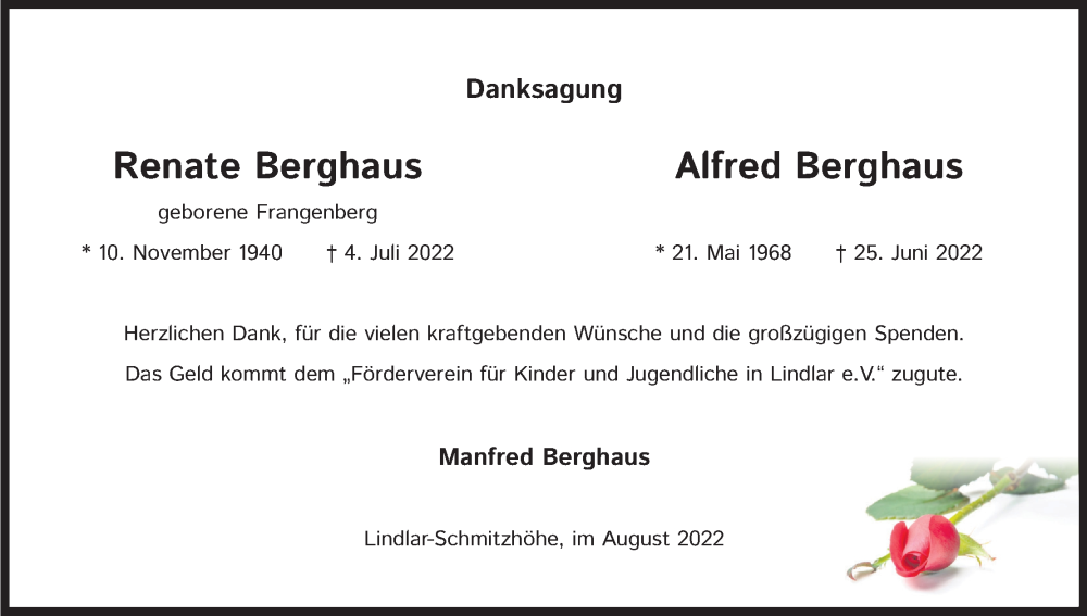  Traueranzeige für Renate Berghaus vom 24.08.2022 aus Kölner Stadt-Anzeiger / Kölnische Rundschau / Express