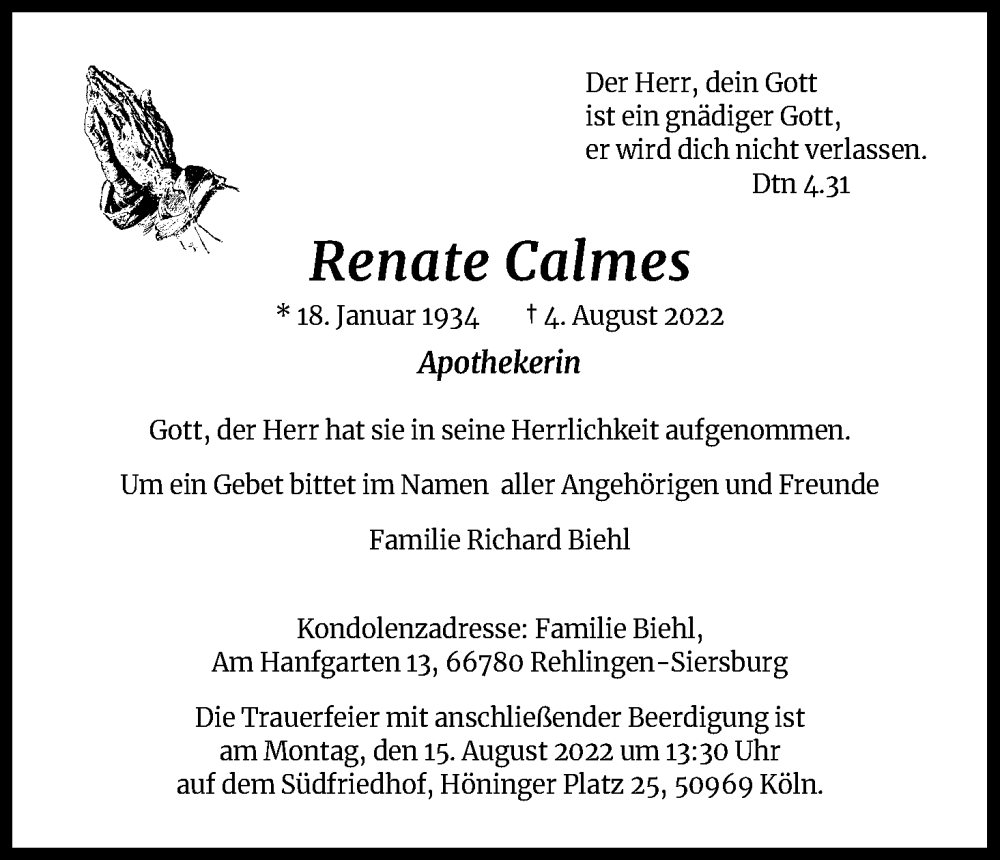  Traueranzeige für Renate Calmes vom 13.08.2022 aus Kölner Stadt-Anzeiger / Kölnische Rundschau / Express